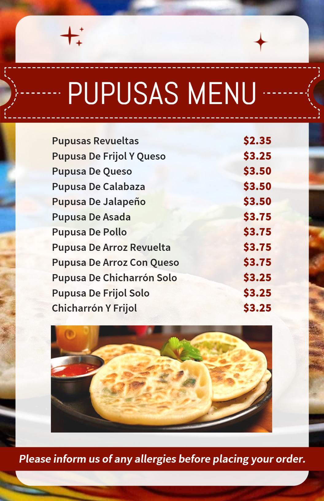 Savory Cheese and Bean Filled Delights Pupusas Menu Template