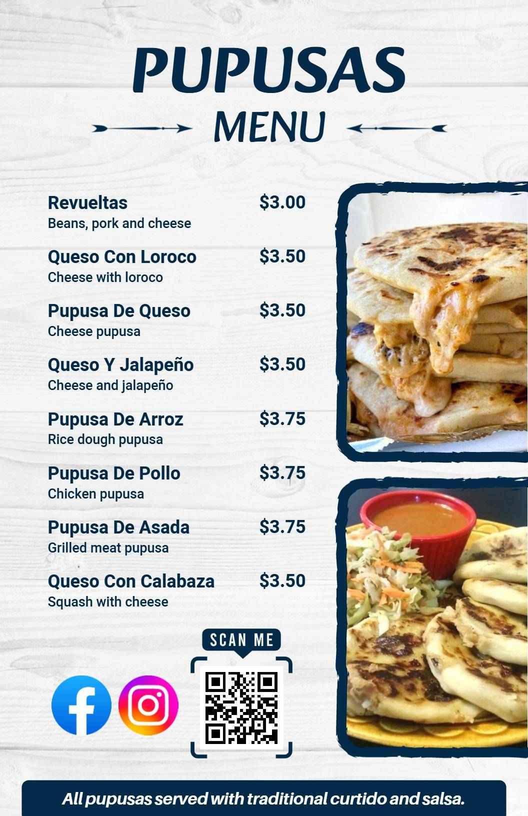 Savory Cheese and Meat Varieties Featuring Stuffed Pupusas Menu Template
