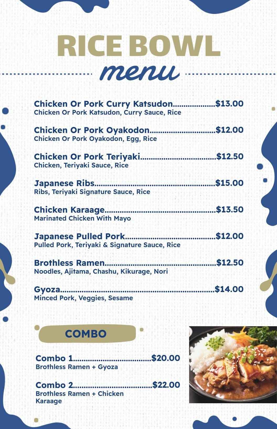 Savory Chicken and Pork Rice Bowl Offerings Delightful Rice Menu Template