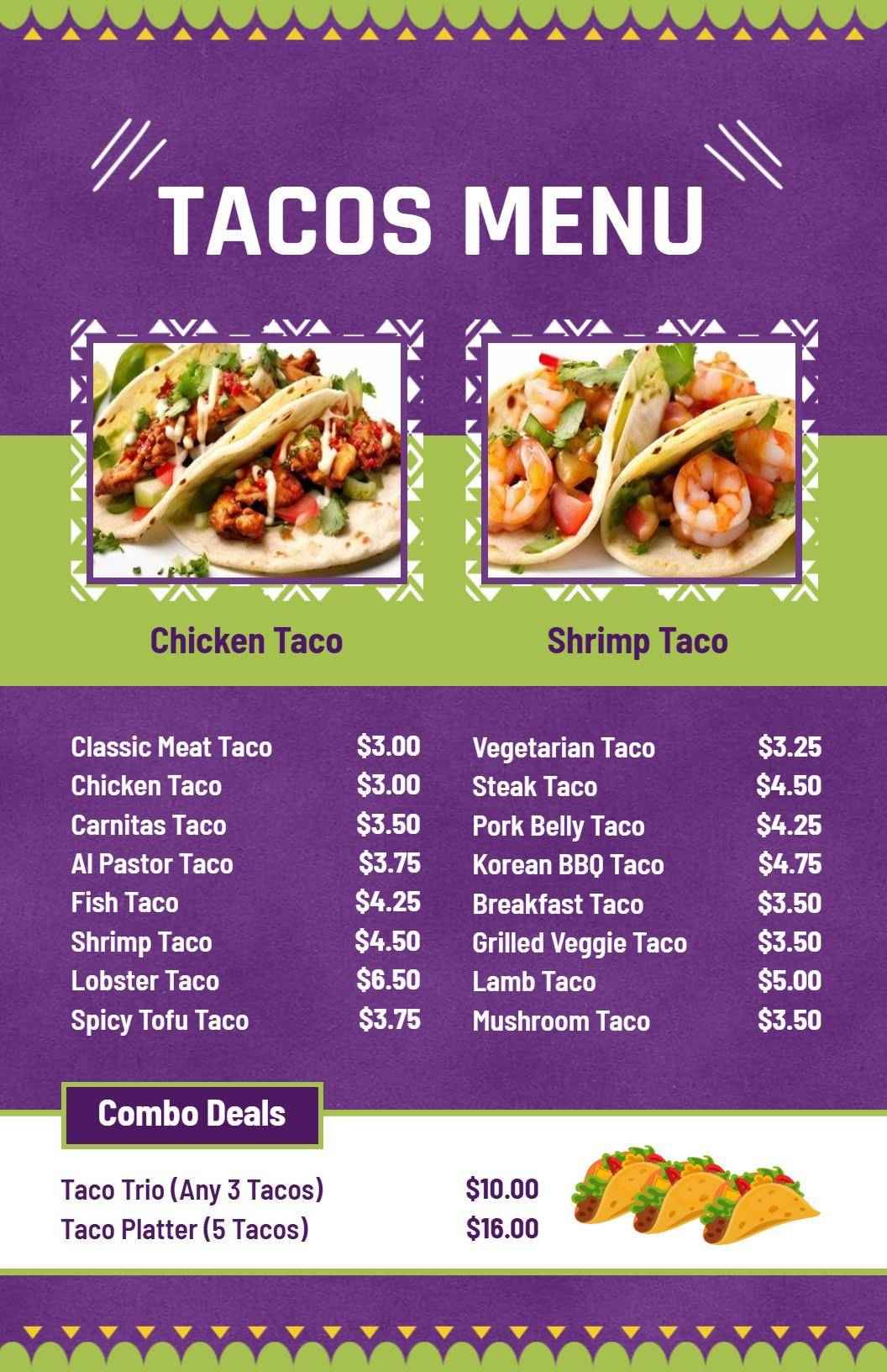 Savory Chicken and Shrimp Taco Selections with Combos Tacos Menu Template