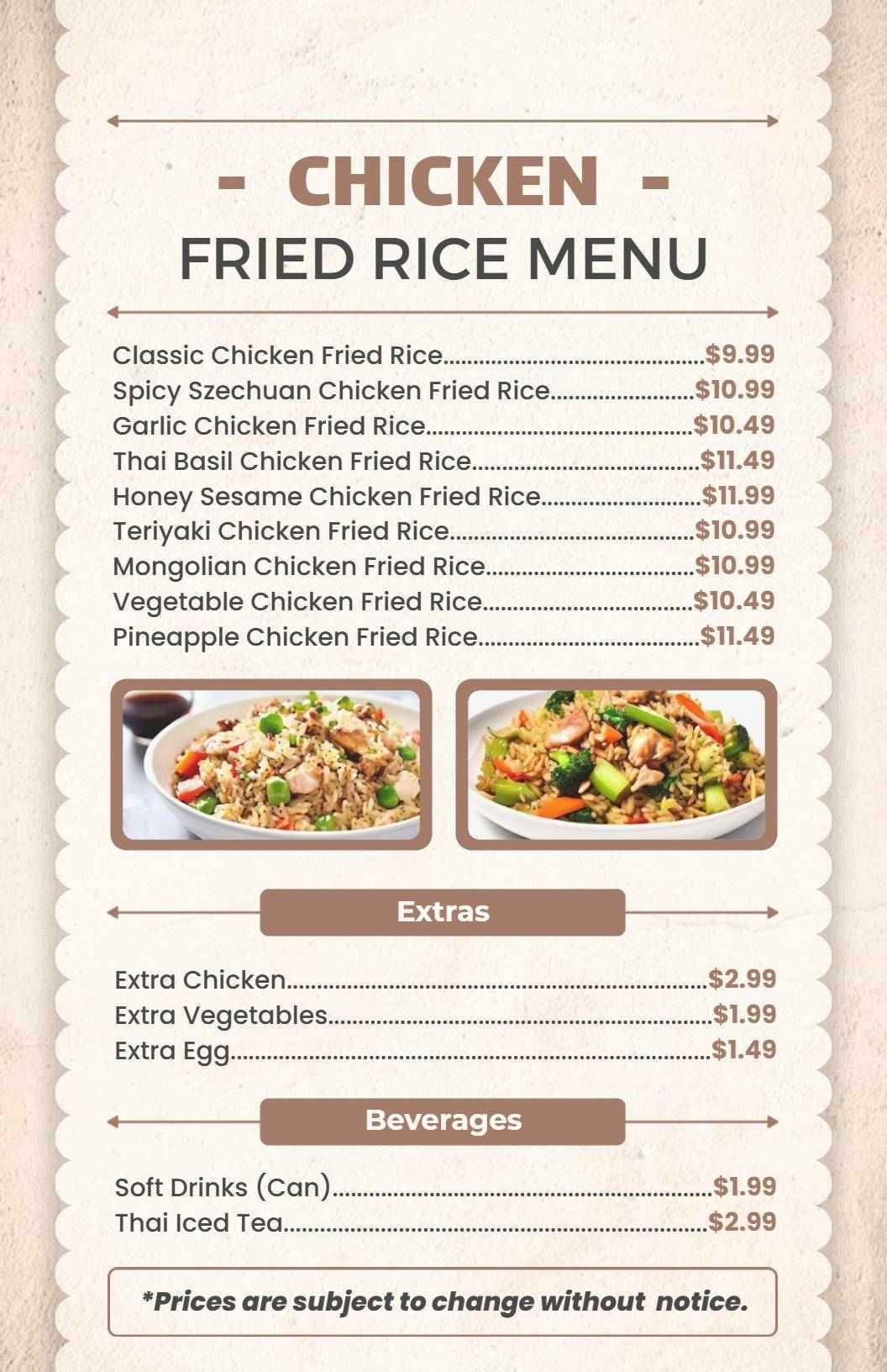 Savory Chicken Fried Rice Dishes and Tasty Extras Rice Menu Template
