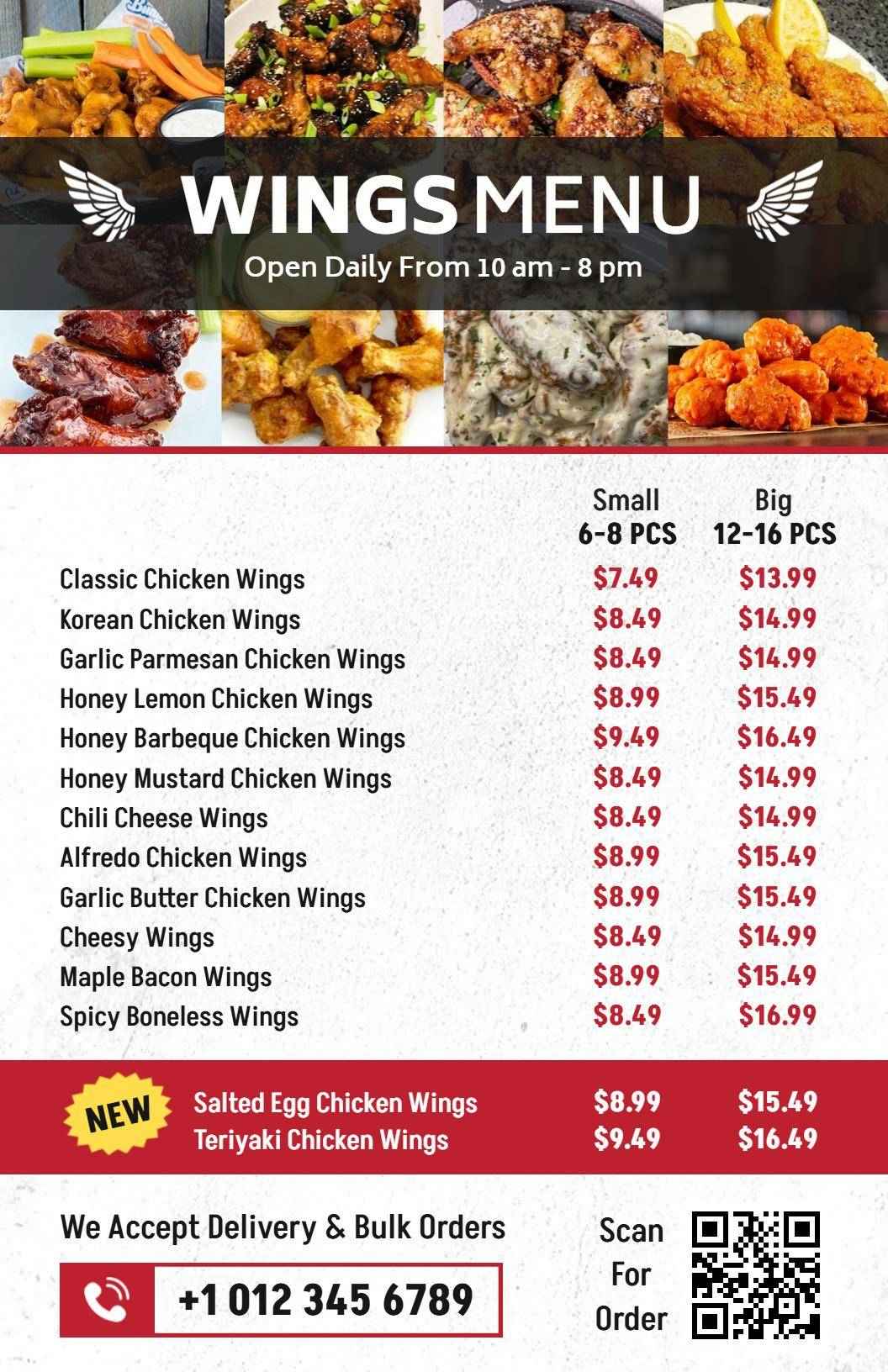 Savory Chicken Wing Selections with Flavorful Sauces Chicken Menu Template