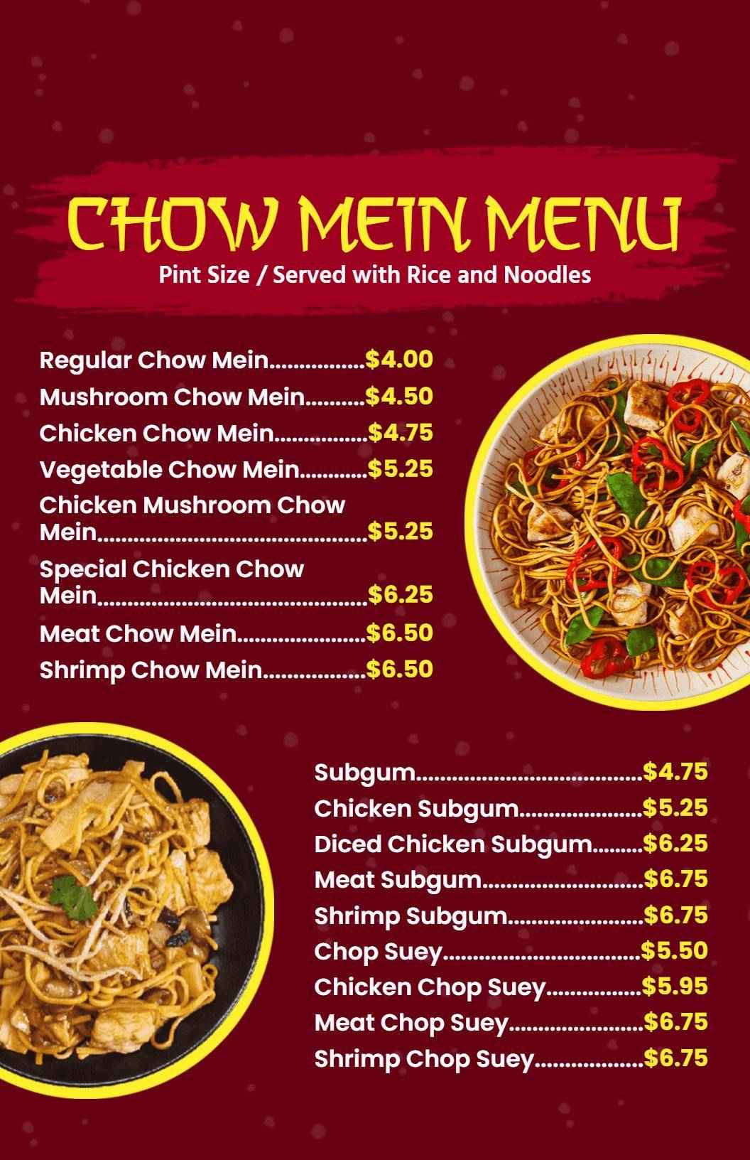 Savory Chow Mein Dishes with Fresh Ingredients Chinese Menu Template