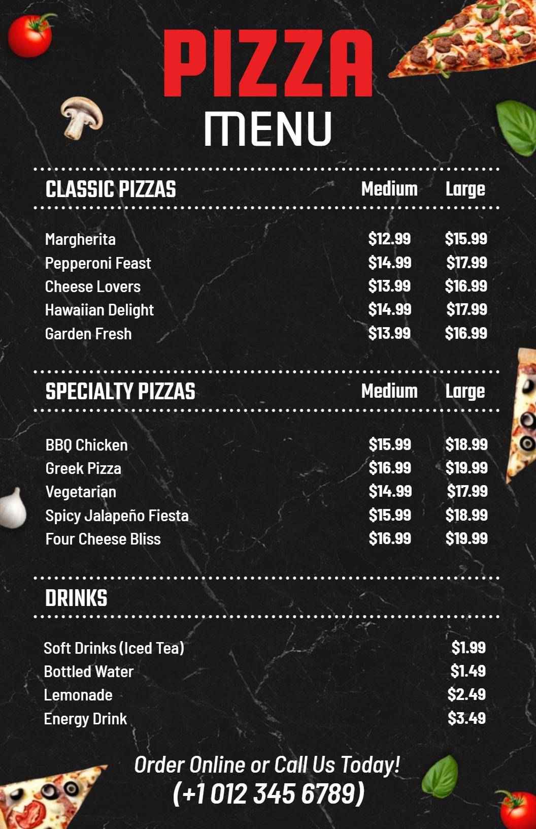 Savory Classic and Specialty Pizza Selections Pizza Menu Template