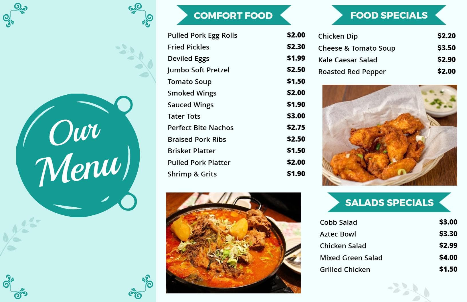 Savory Comfort Food Favorites and Delicious Specials Tri Fold Menu Template