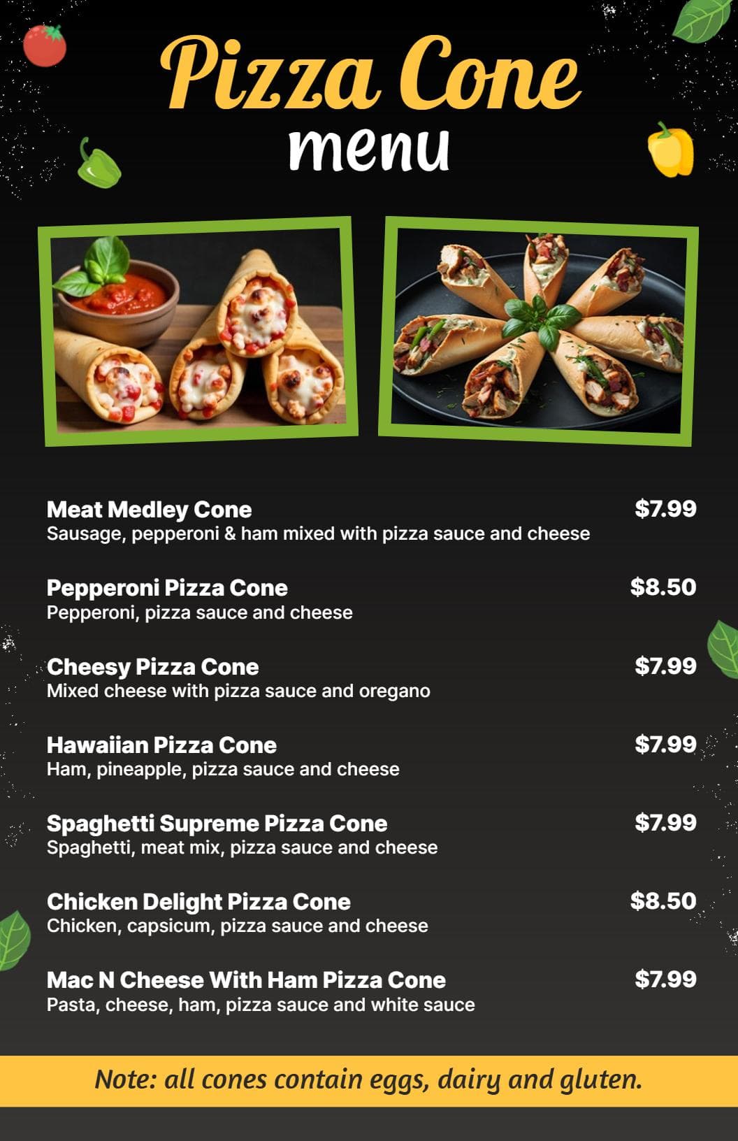 Savory Cone Styles Featuring Diverse Pizza Varieties Pizza Menu Template