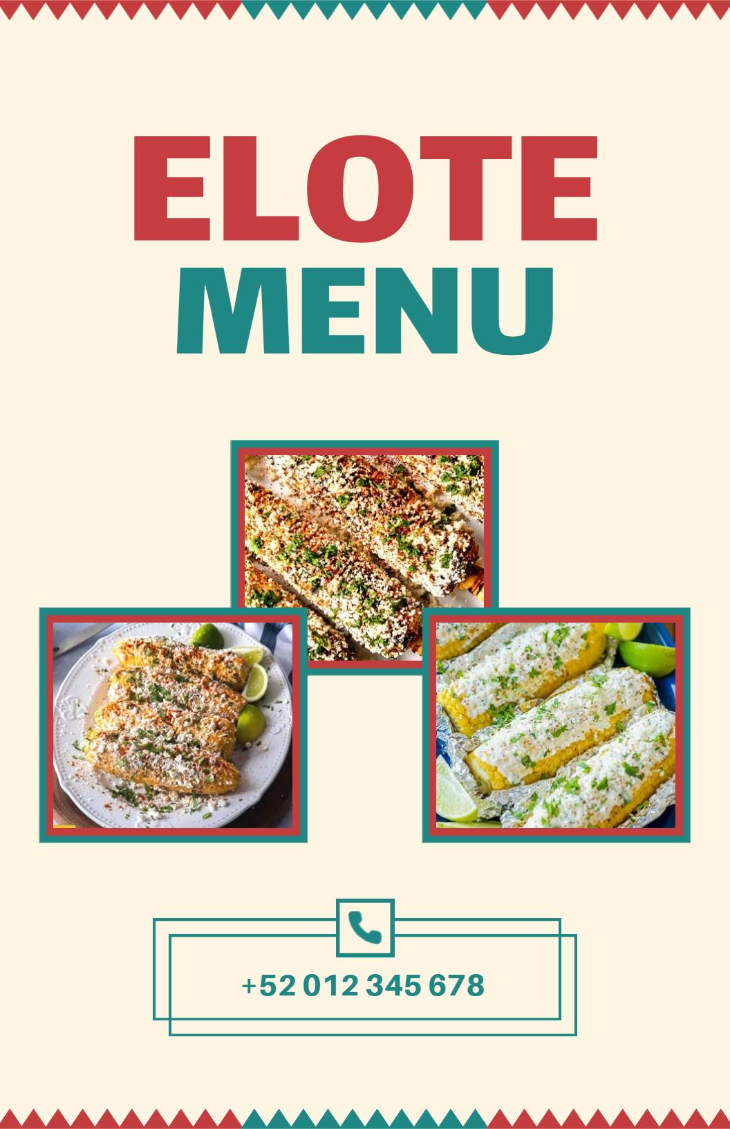 Savory Corn Delights with Toppings and Flavors Elotes Menu Template