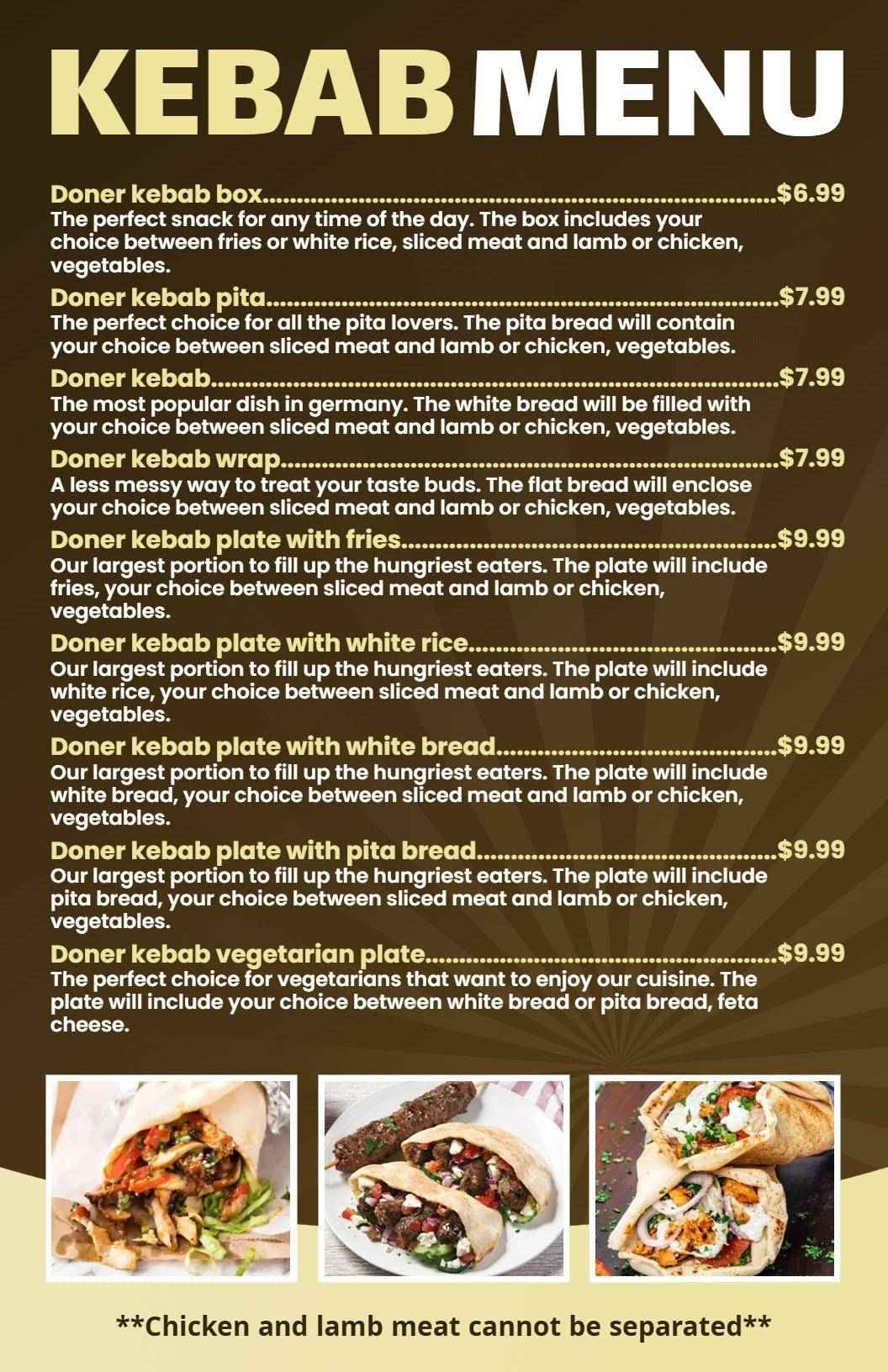 Savory Doner Kebab Wraps with Varied Filling Choices Menu Template