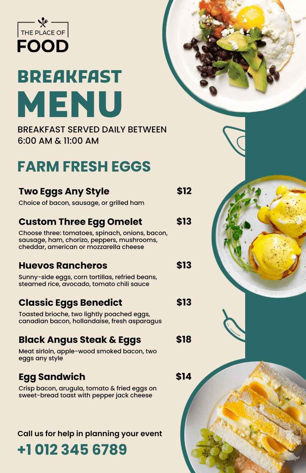 Savory Egg Dishes and Delicious Breakfast Options Breakfast Menu Template