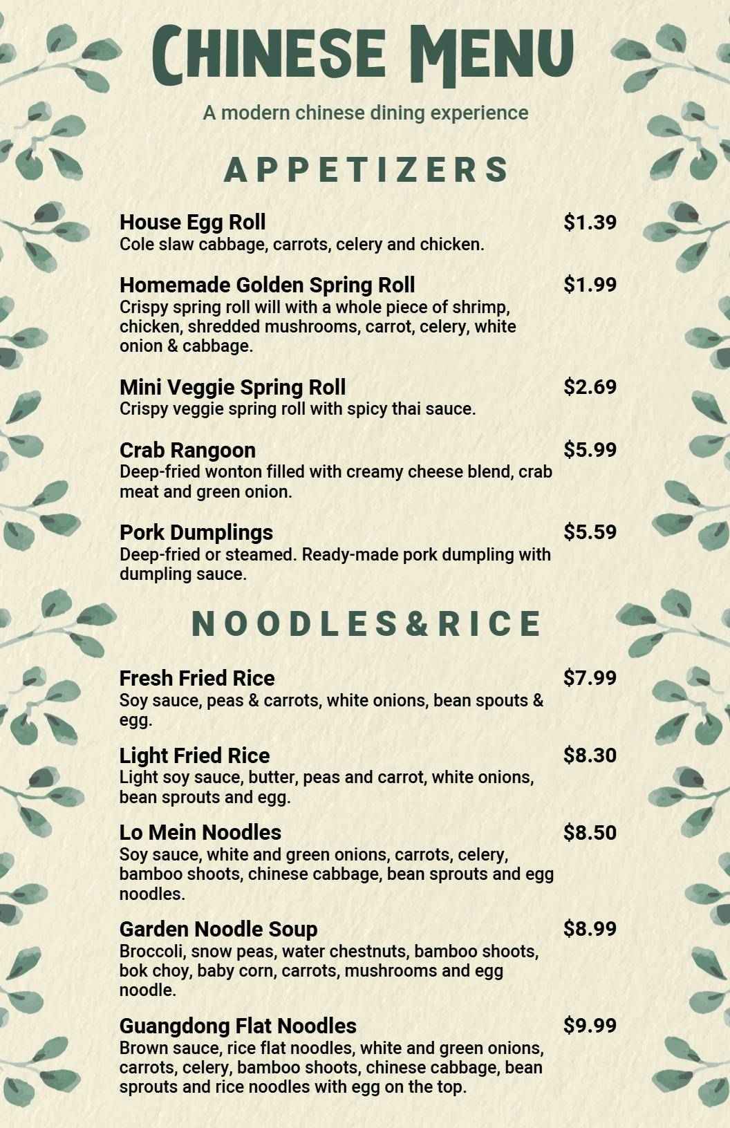 Savory Egg Rolls and Dumplings with Fresh Noodles Chinese Menu Template
