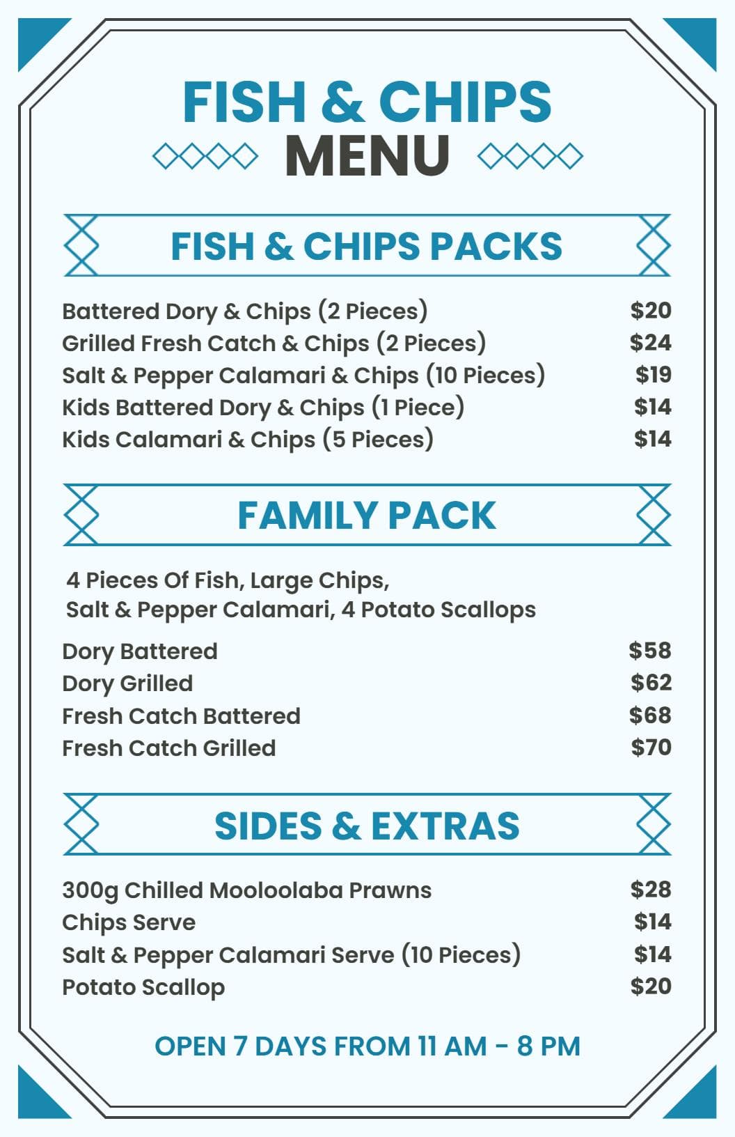 Savory Fish and Chips Packs with Fresh Seafood Delights Menu Template