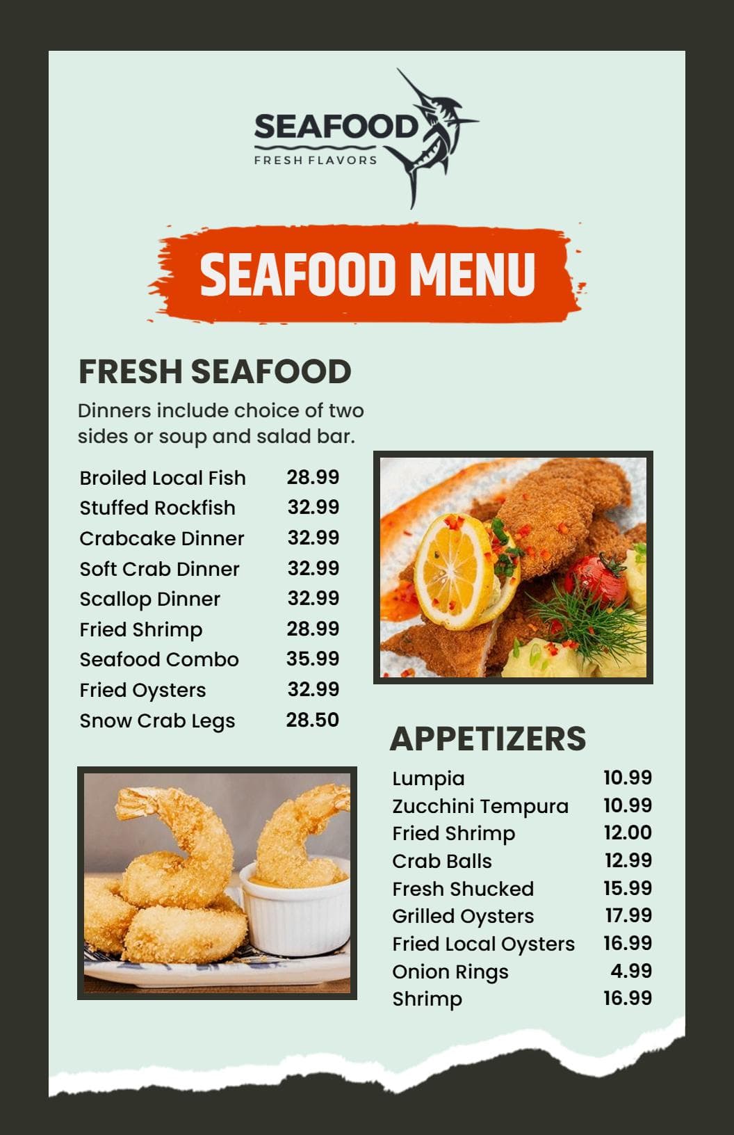 Savory Fresh Seafood Dishes with Flavorful Sides Seafood Menu Template