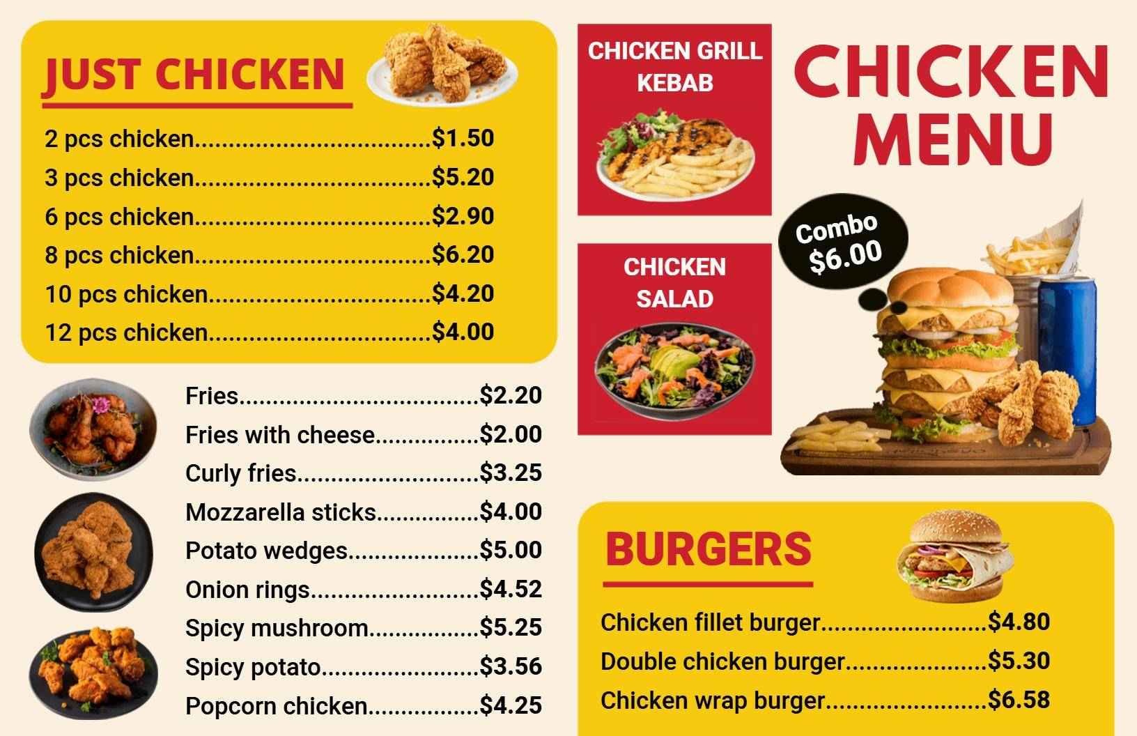 Savory Fried Chicken Selections from Wings to Grilled Dishes Chicken Menu Template