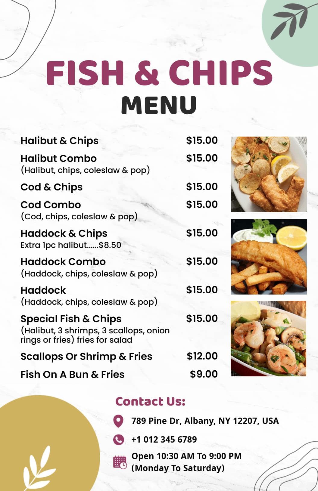 Savory Fried Fish Selections with Crispy Sides Seafood Menu Template