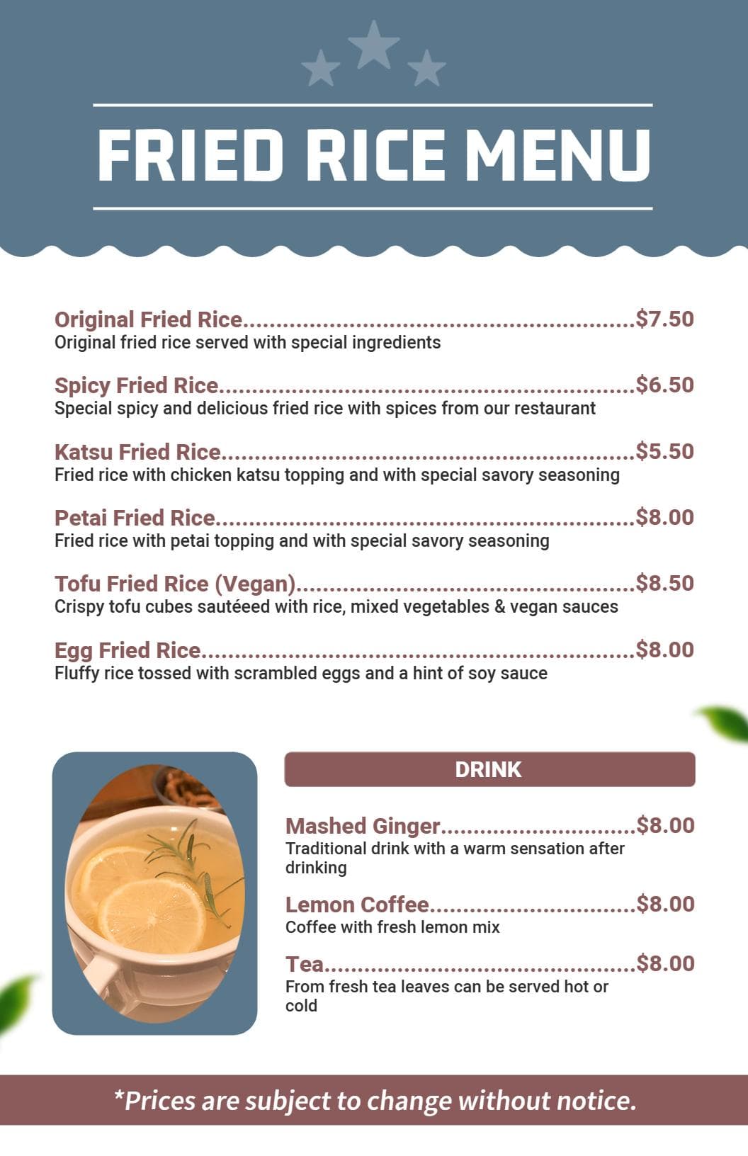 Savory Fried Rice Variations with Unique Ingredients Rice Menu Template