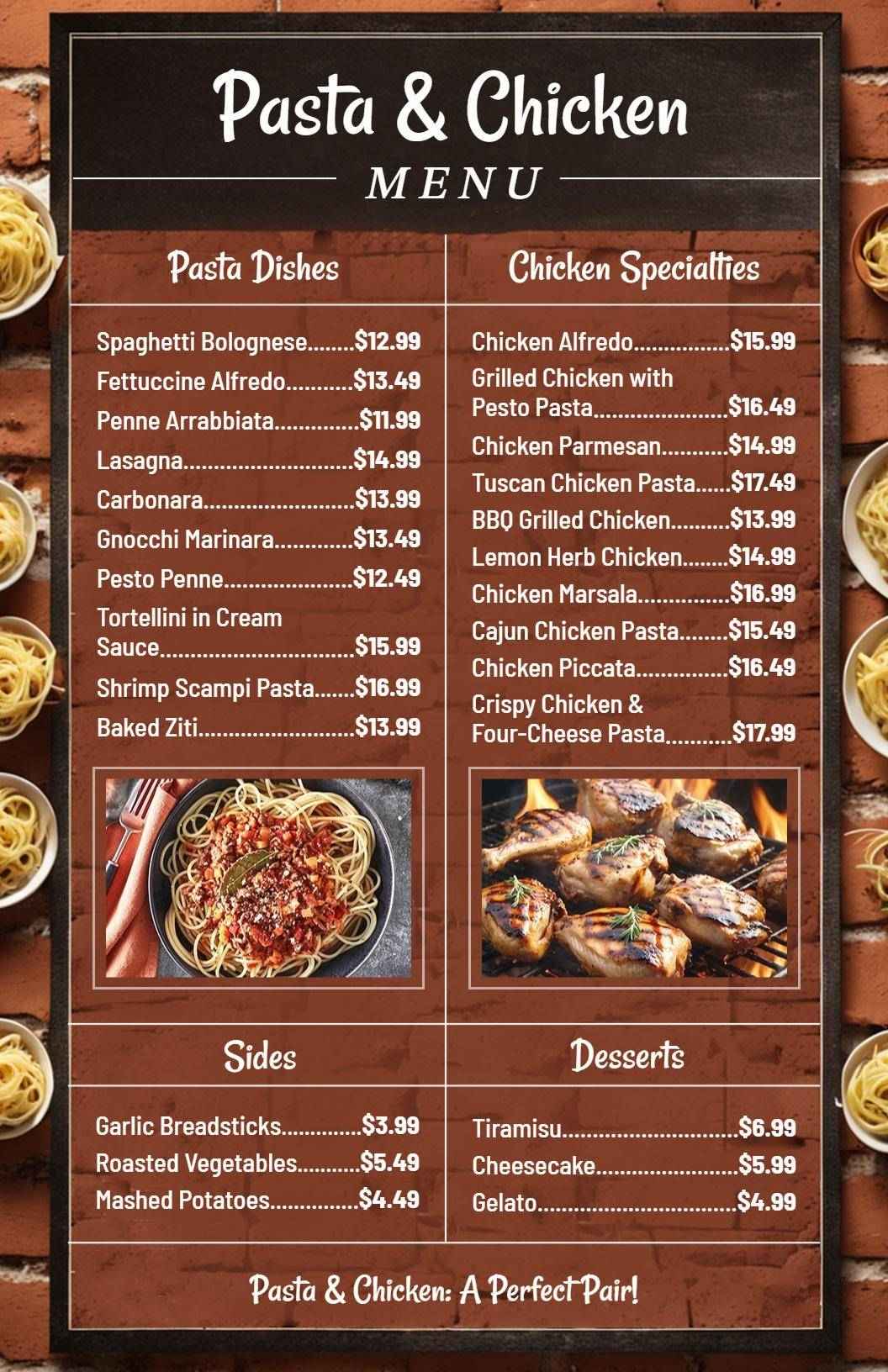Savory Grilled Chicken Dishes with Pasta Favorites Chicken Menu Template