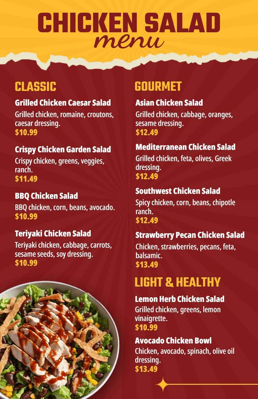 Savory Grilled Chicken Salads with Fresh Ingredients Chicken Menu Template