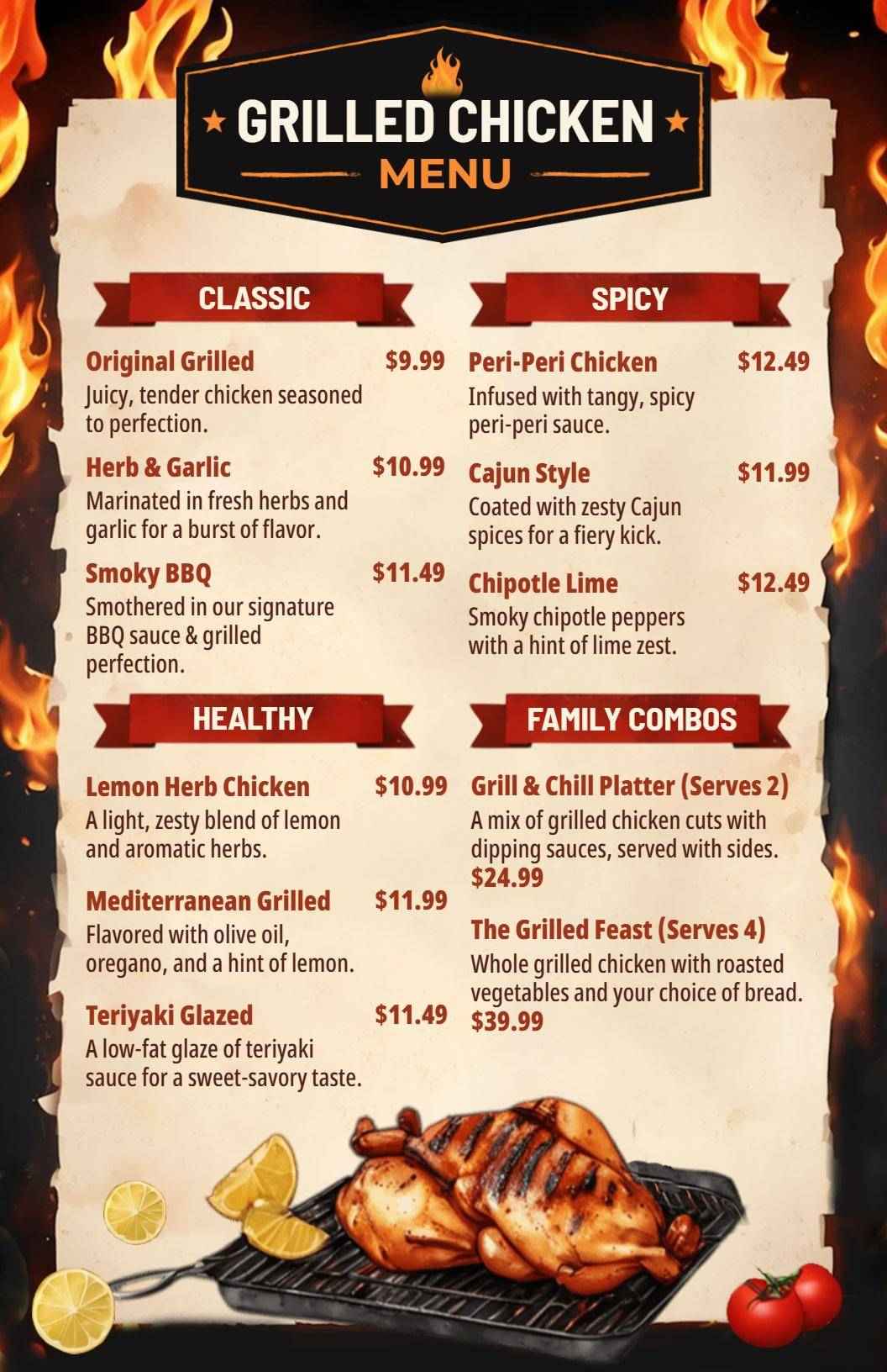Savory Grilled Chicken Selections with Unique Flavors Chicken Menu Template