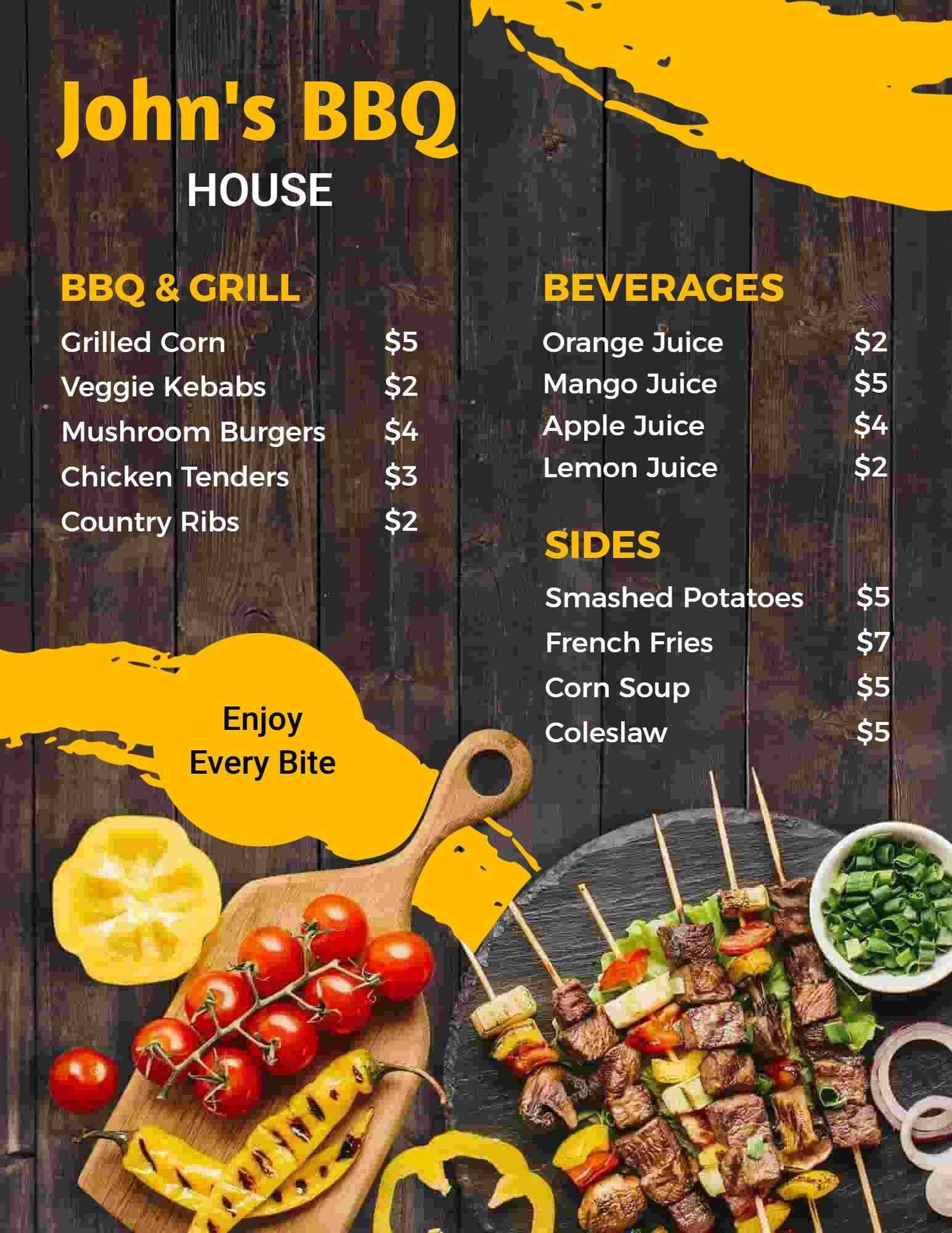 Savory Grilled Meats and Sides with Refreshing Drinks BBQ Menu Template