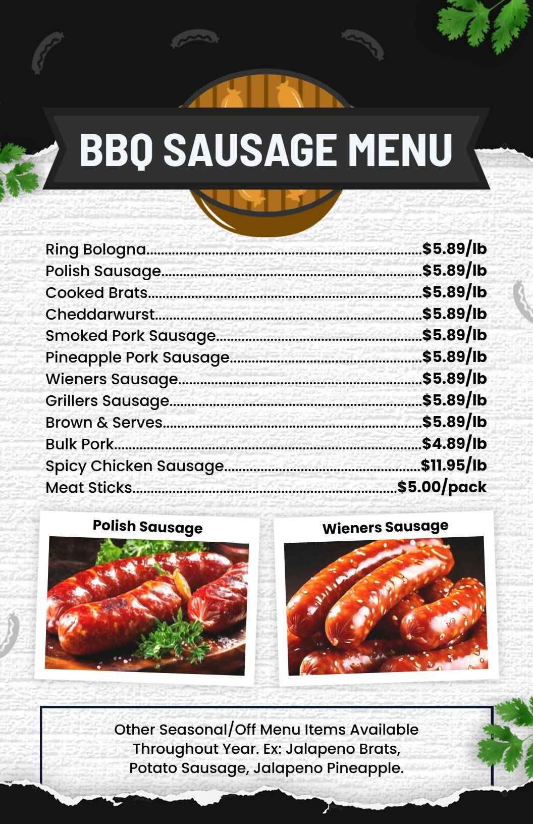 Savory Grilled Sausages and BBQ Classics Featuring Meats BBQ Menu Template