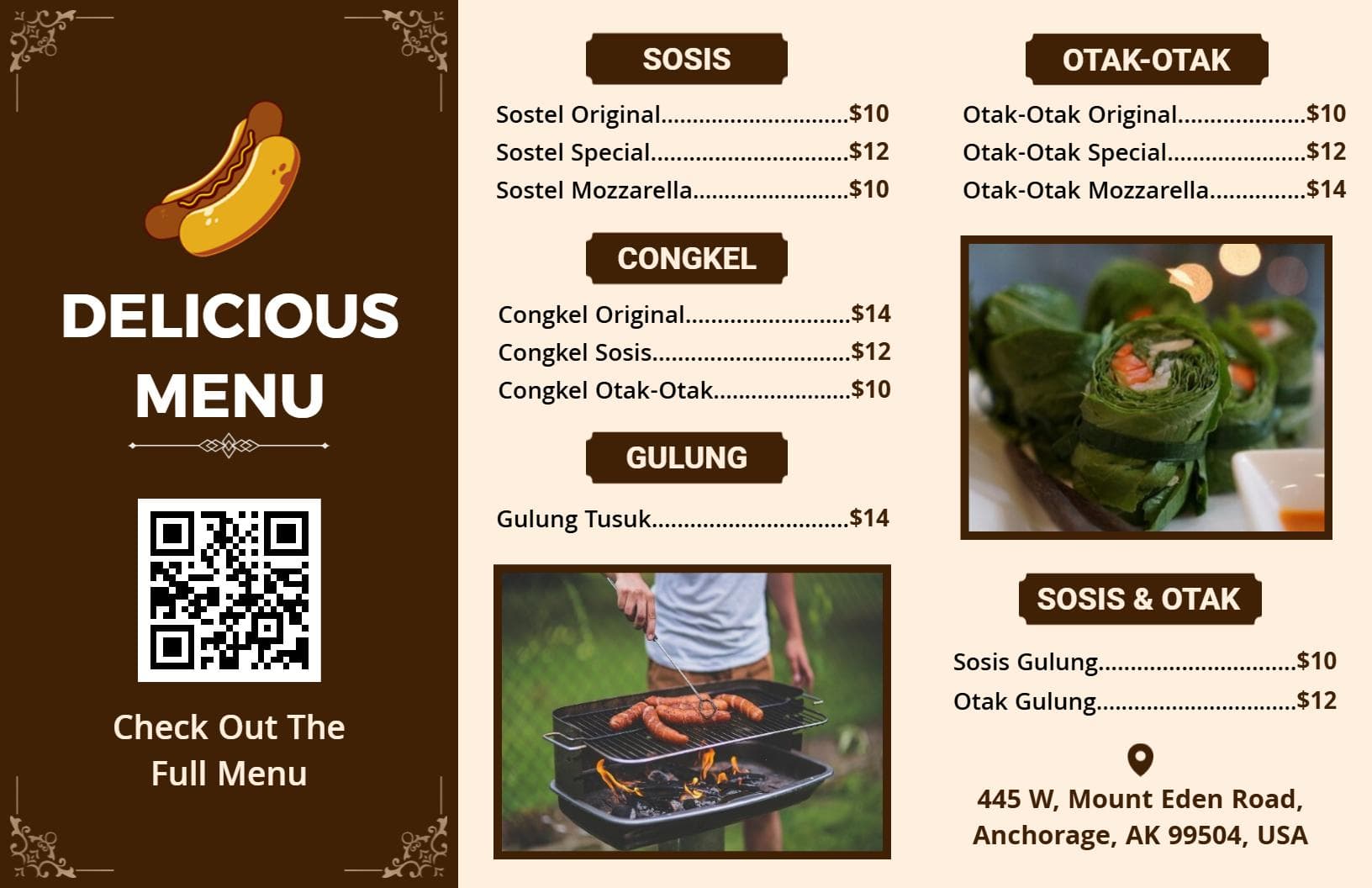 Savory Indonesian Street Foods Featuring Sosis and Otak-Otak Tri Fold Menu Template