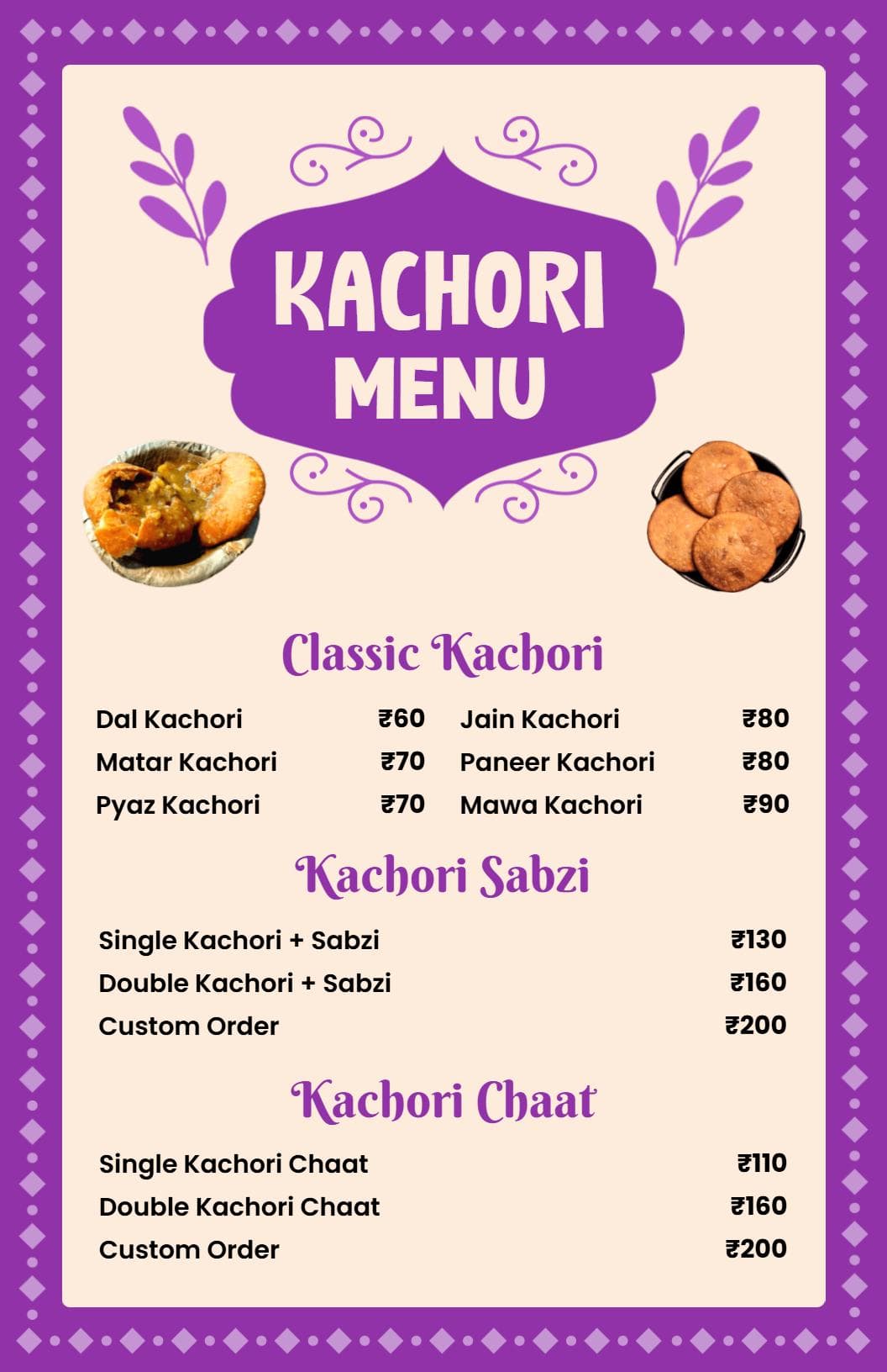 Savory Kachori Varieties and Flavorful Dishes Indian Cuisine Menu Template