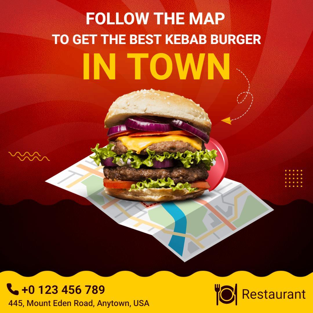 Savory Kebab Burger With Map Direction for Restaurant Promotion Ad Template