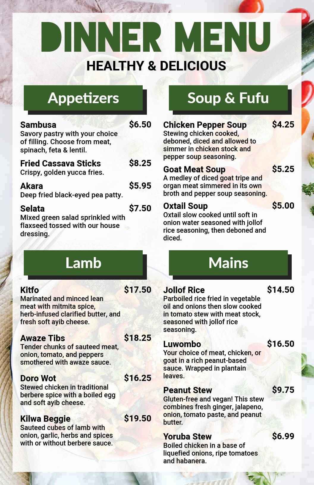 Savory Lamb and Appetizer Delights with Flavorful Soups Dinner Menu Template