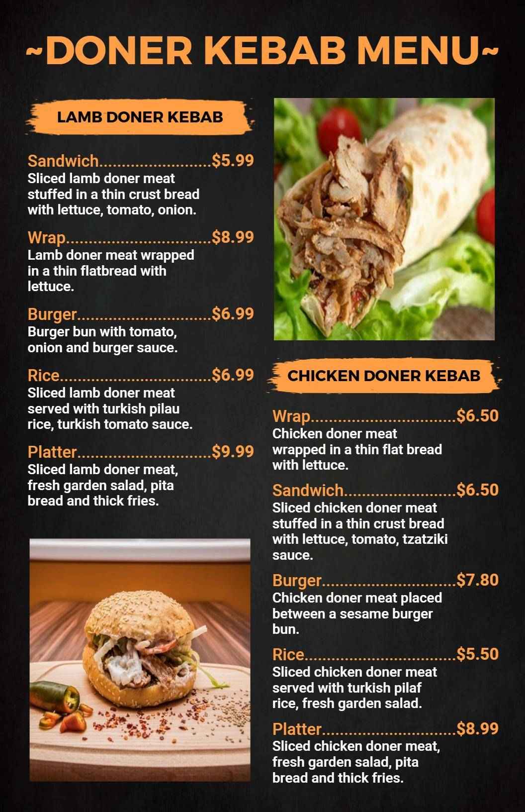Savory Lamb and Chicken Doner Options Featuring Kebab Menu Template