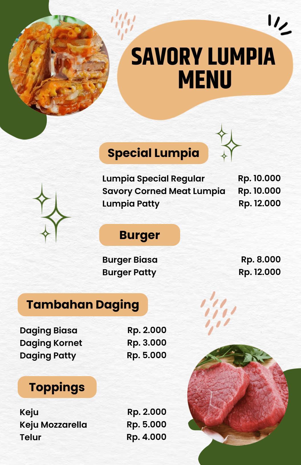 Savory Lumpia and Delicious Burger Selections Food Menu Template