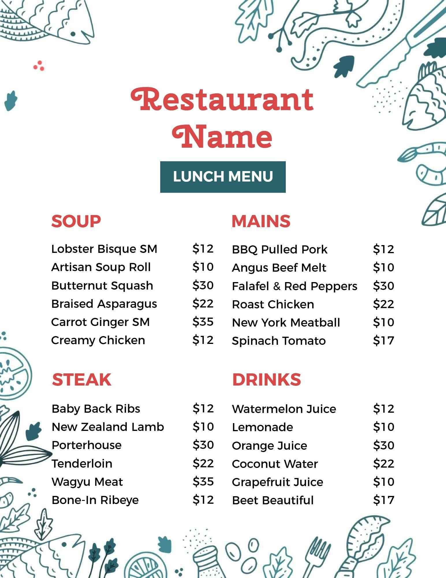 Savory Lunch Selections with Hearty Mains and Delicious Soups Lunch Menu Template