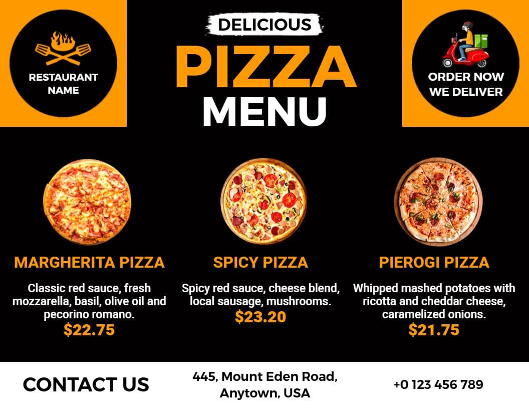 Savory Margherita and Unique Pierogi Pizza Selections Pizza Menu Template
