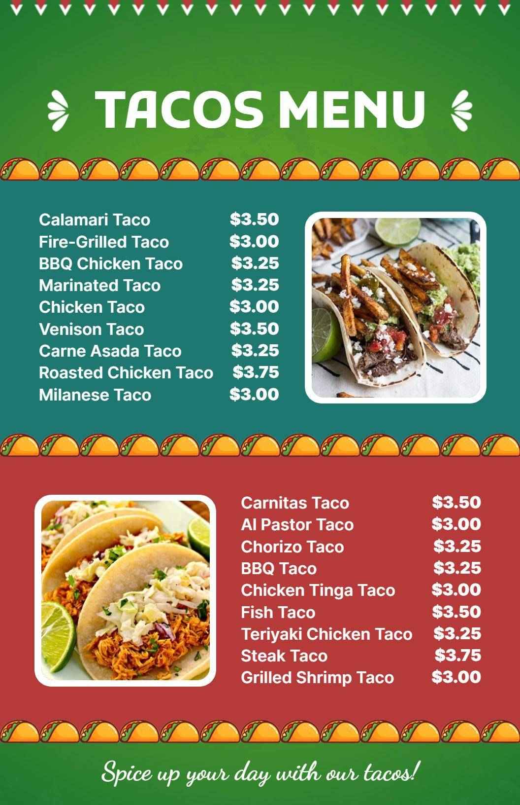 Savory Meat and Seafood Variety Tacos Delicious Taco Menu Template