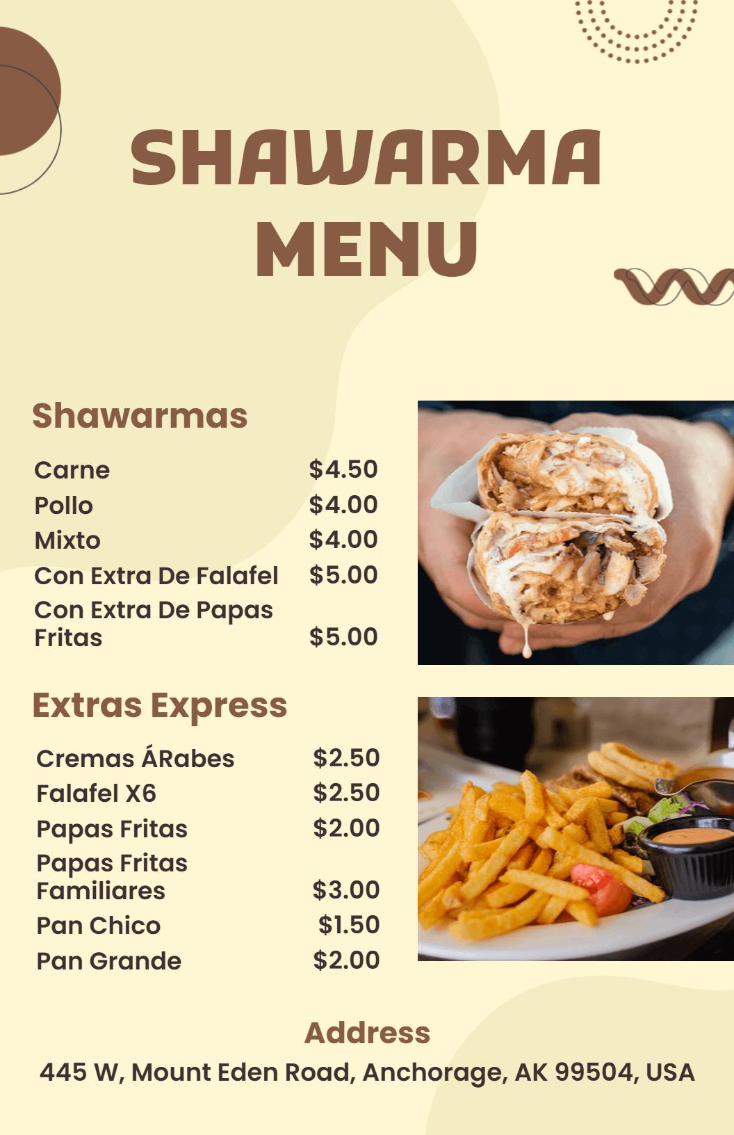 Savory Middle Eastern Flavors and Extras Shawarma Menu Template