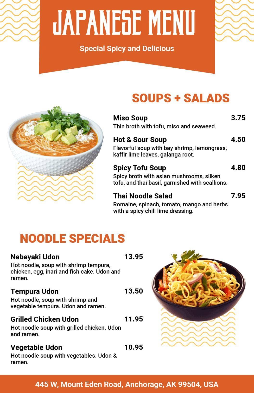 Savory Noodle Dishes and Flavorful Soups Japanese Cuisine Menu Template