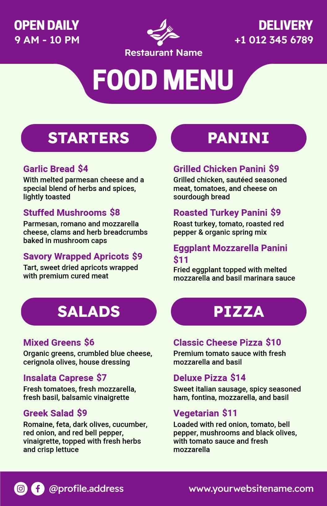 Savory Panini and Flavorful Starters Selections Food Menu Template
