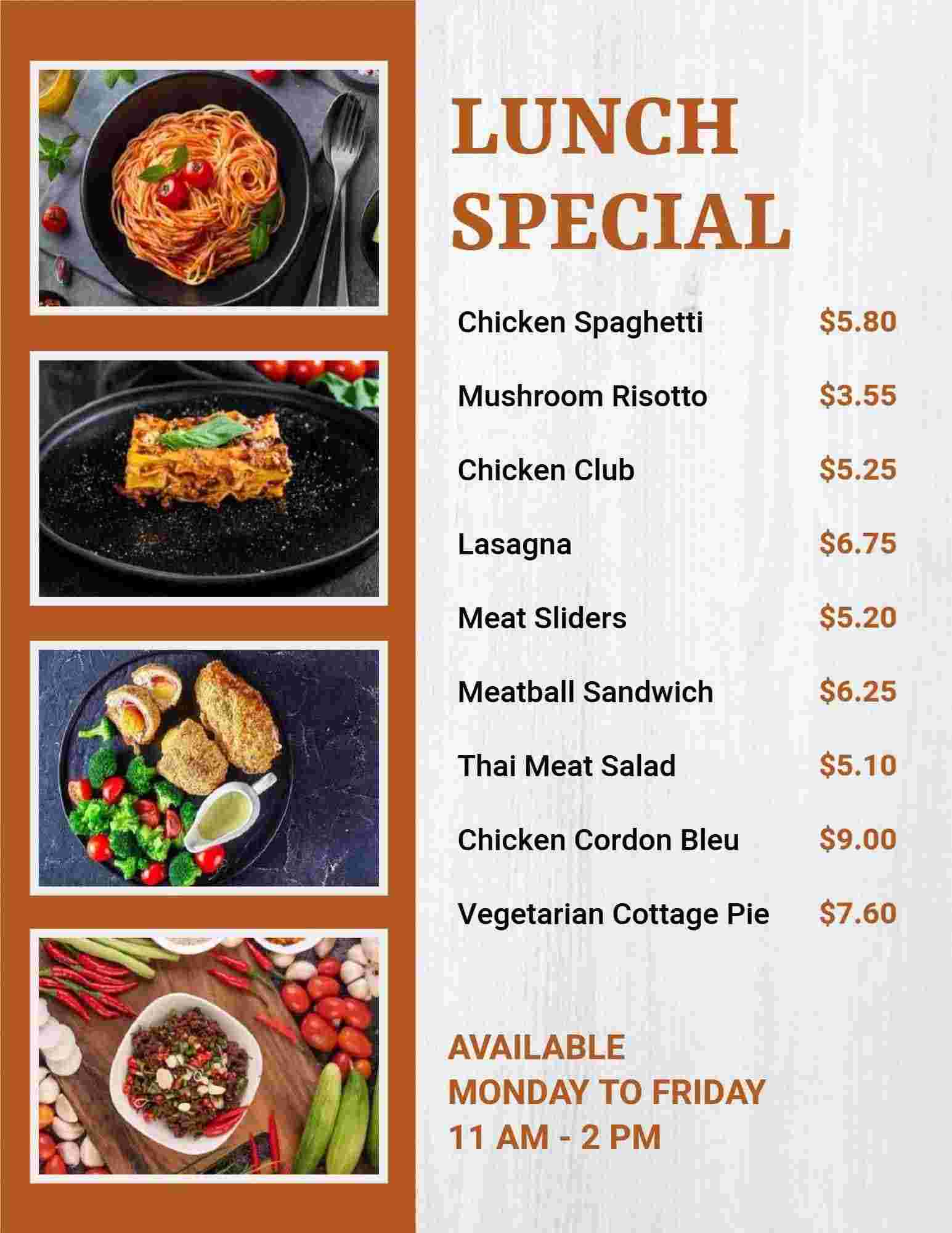 Savory Pasta and Hearty Meat Dishes Lunch Menu Template