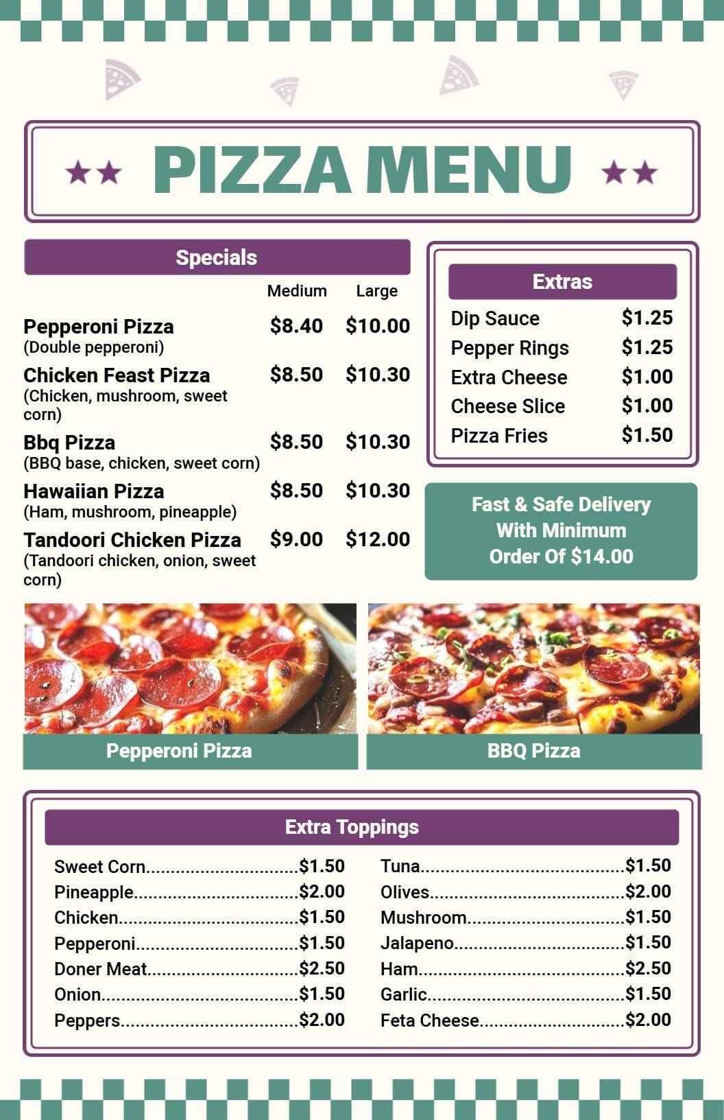 Savory Pepperoni and BBQ Specialties Pizza Menu Template