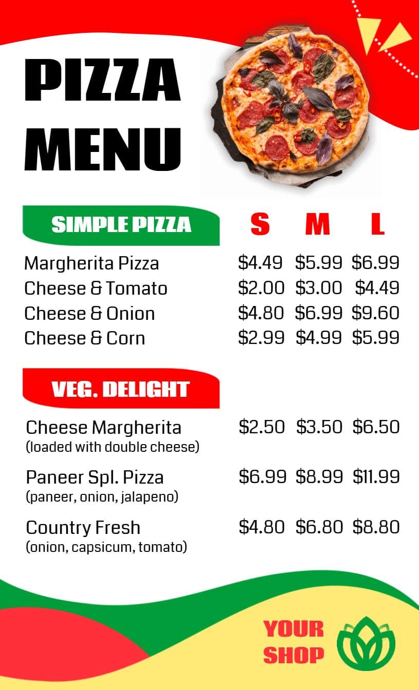 Savory Pizza Selections Featuring Classic and Veggie Varieties Pizza Menu Template