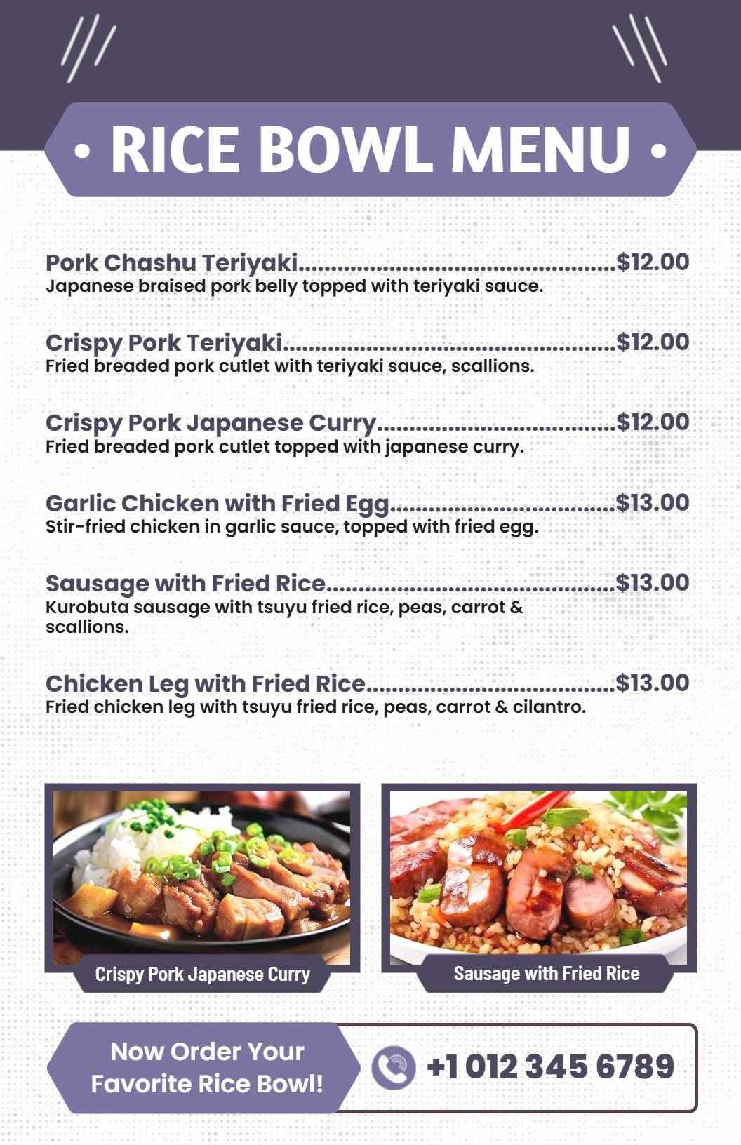 Savory Pork and Chicken Rice Bowl Selections for Every Palate Menu Template