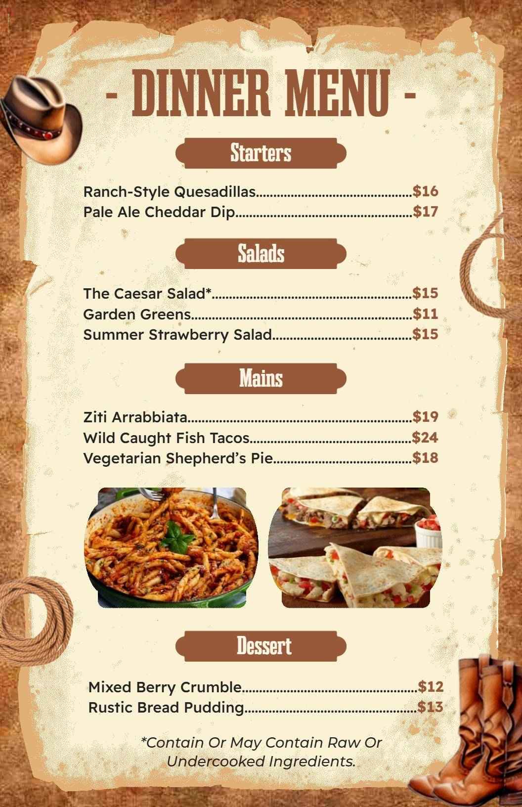 Savory Ranch-Style Quesadillas and Hearty Entrees Dinner Menu Template
