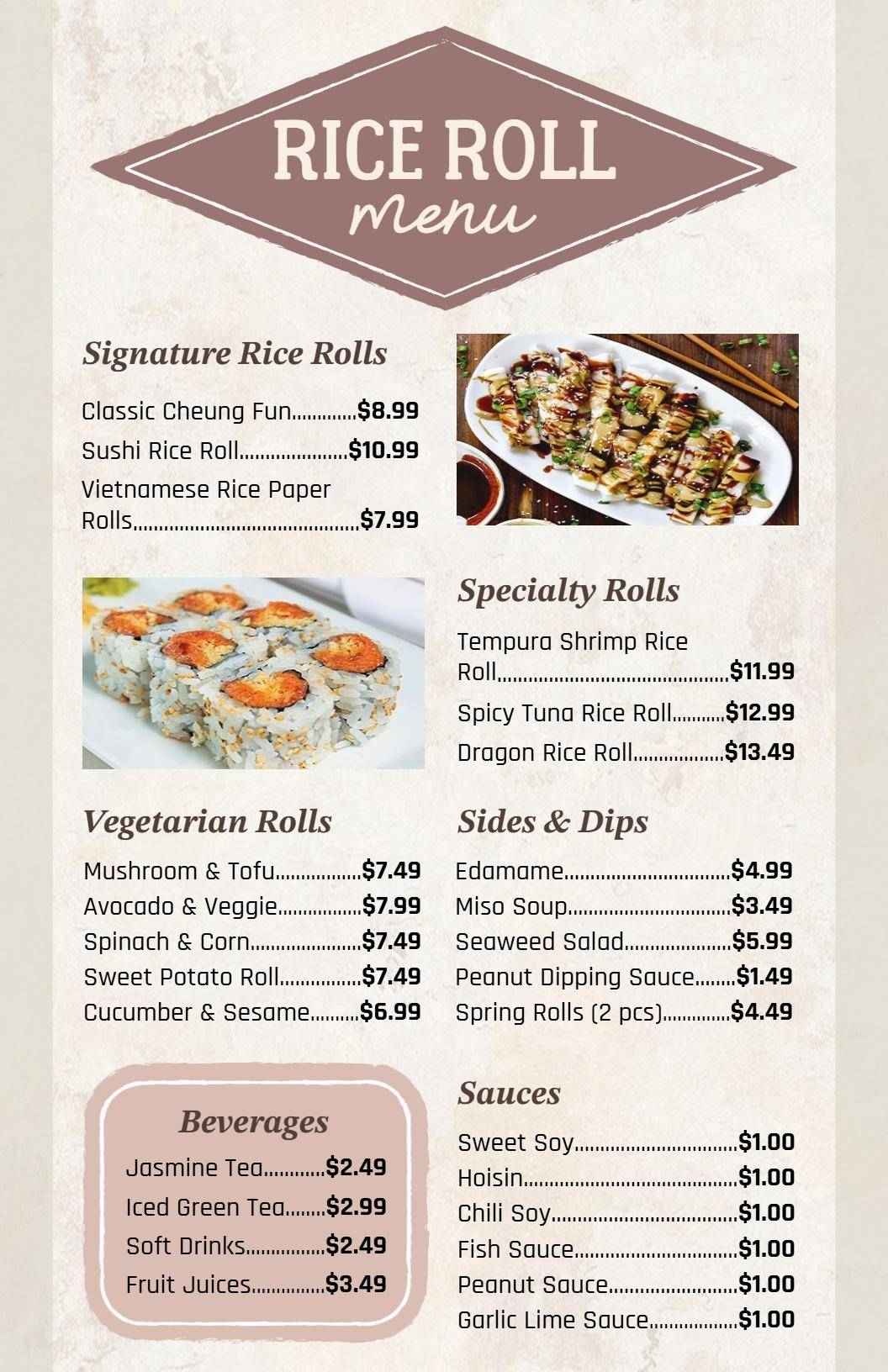 Savory Rice Paper Rolls and Delicious Signature Creations Rice Menu Template