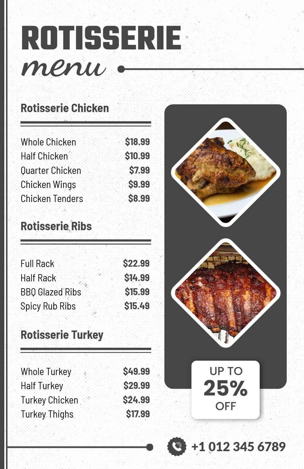 Savory Rotisserie Chicken Selections with Flavorful Options Menu Template