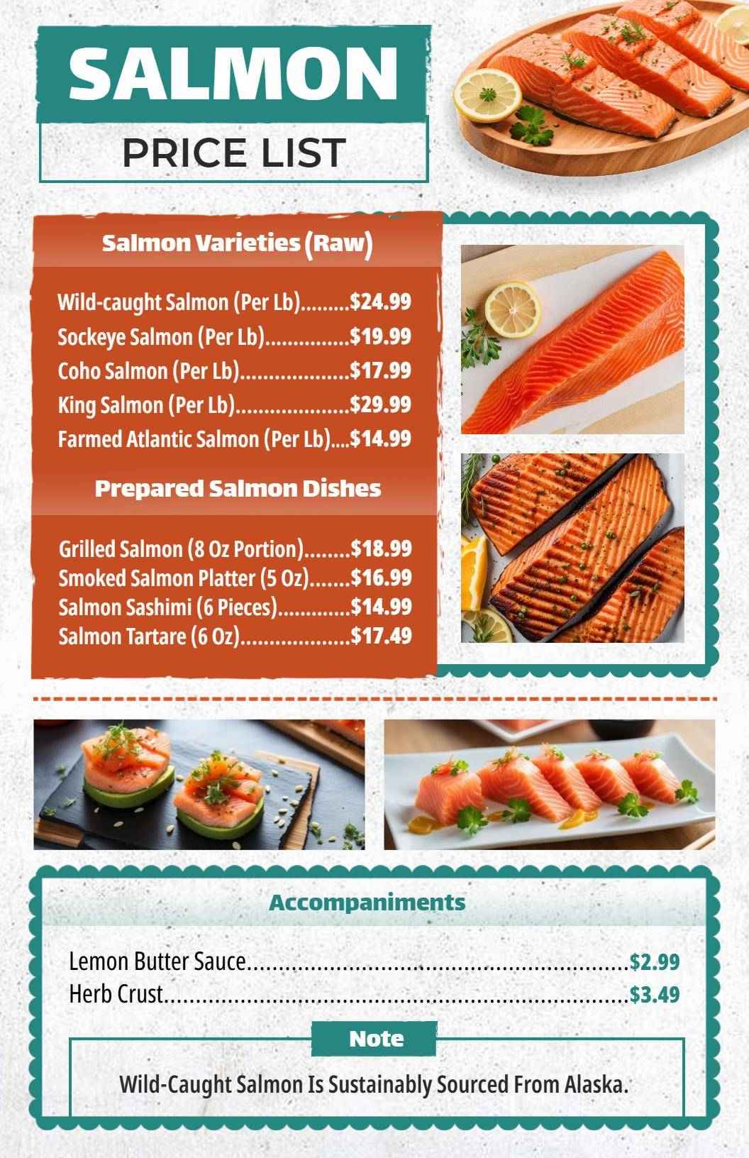 Savory Salmon Varieties and Delicious Dishes Seafood Menu Template