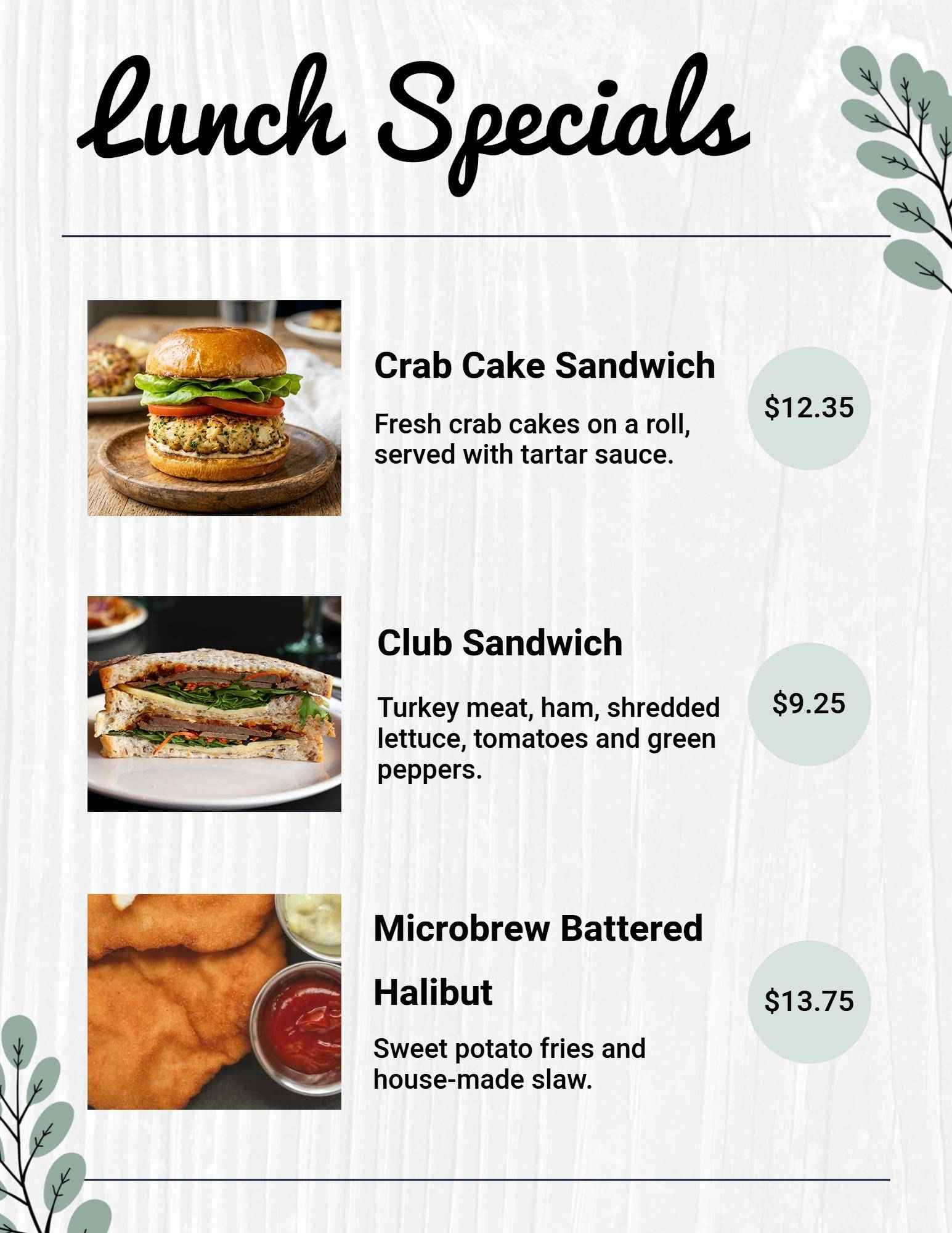 Savory Sandwiches and Delectable Seafood Offerings Lunch Menu Template