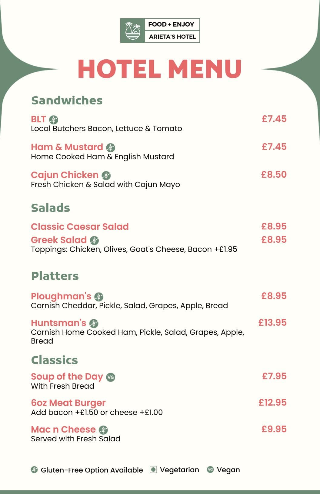 Savory Sandwiches and Fresh Salads for Your Dining Experience Hotel Menu Template
