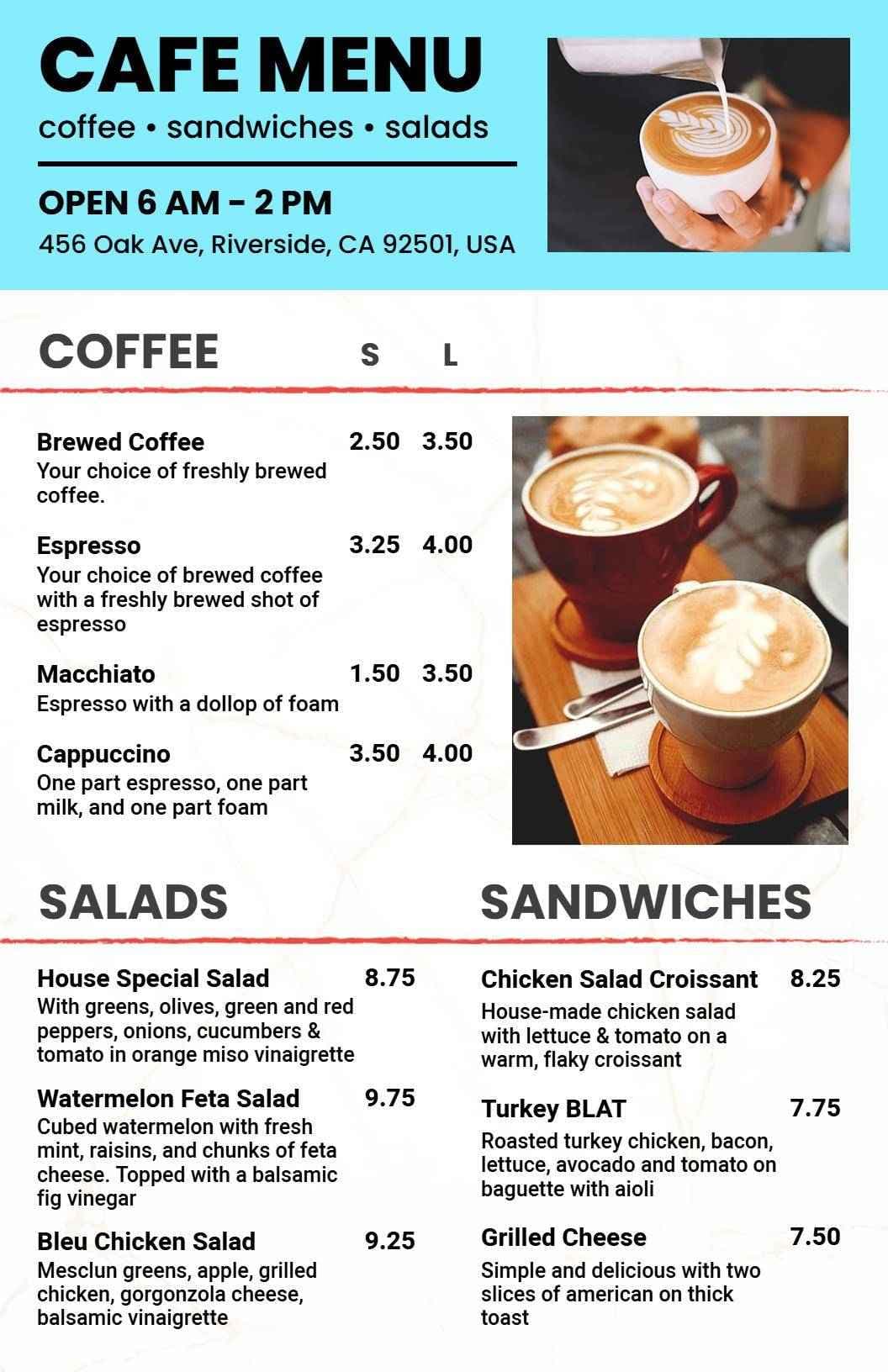 Savory Sandwiches and Fresh Salads with Coffee Selections Cafe Menu Template