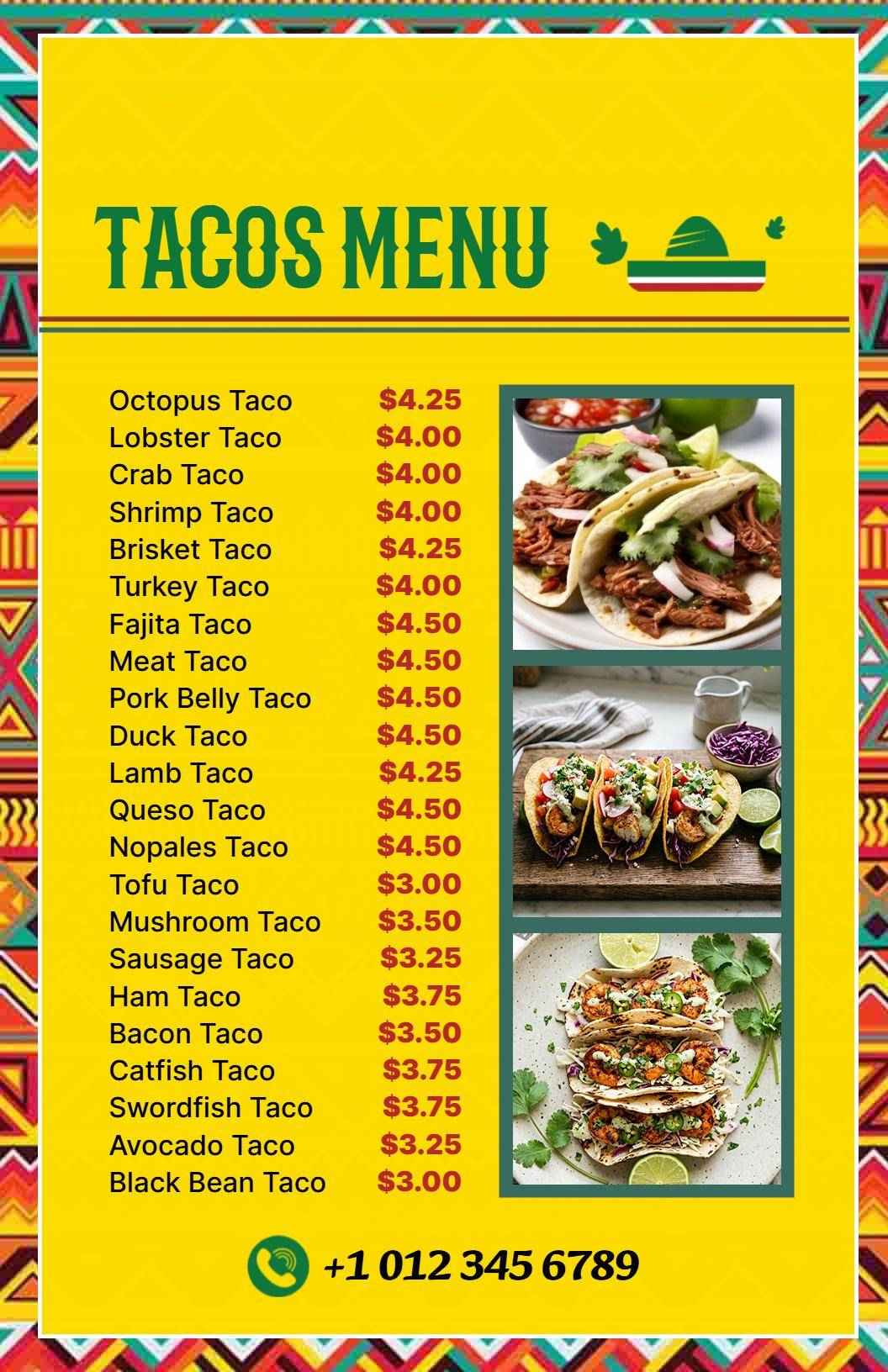 Savory Sea and Meat Taco Selections with Unique Flavors Tacos Menu Template