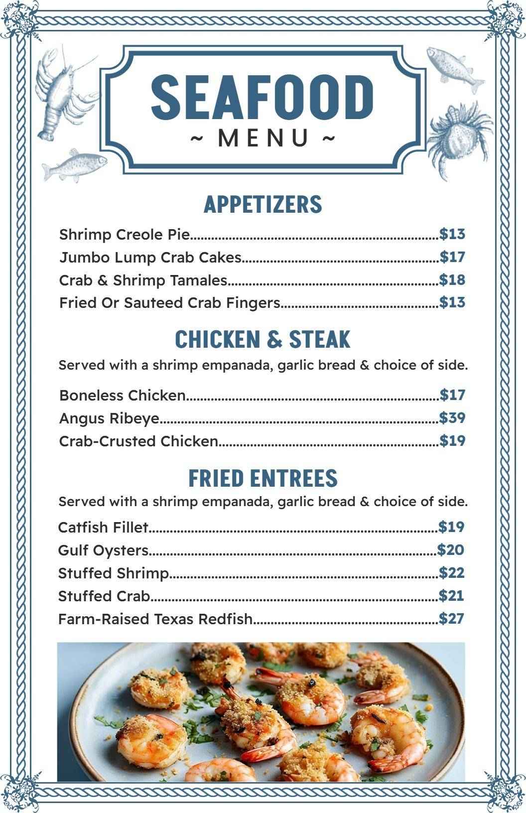 Savory Seafood Creations Featuring Fresh Fried Favorites Menu Template