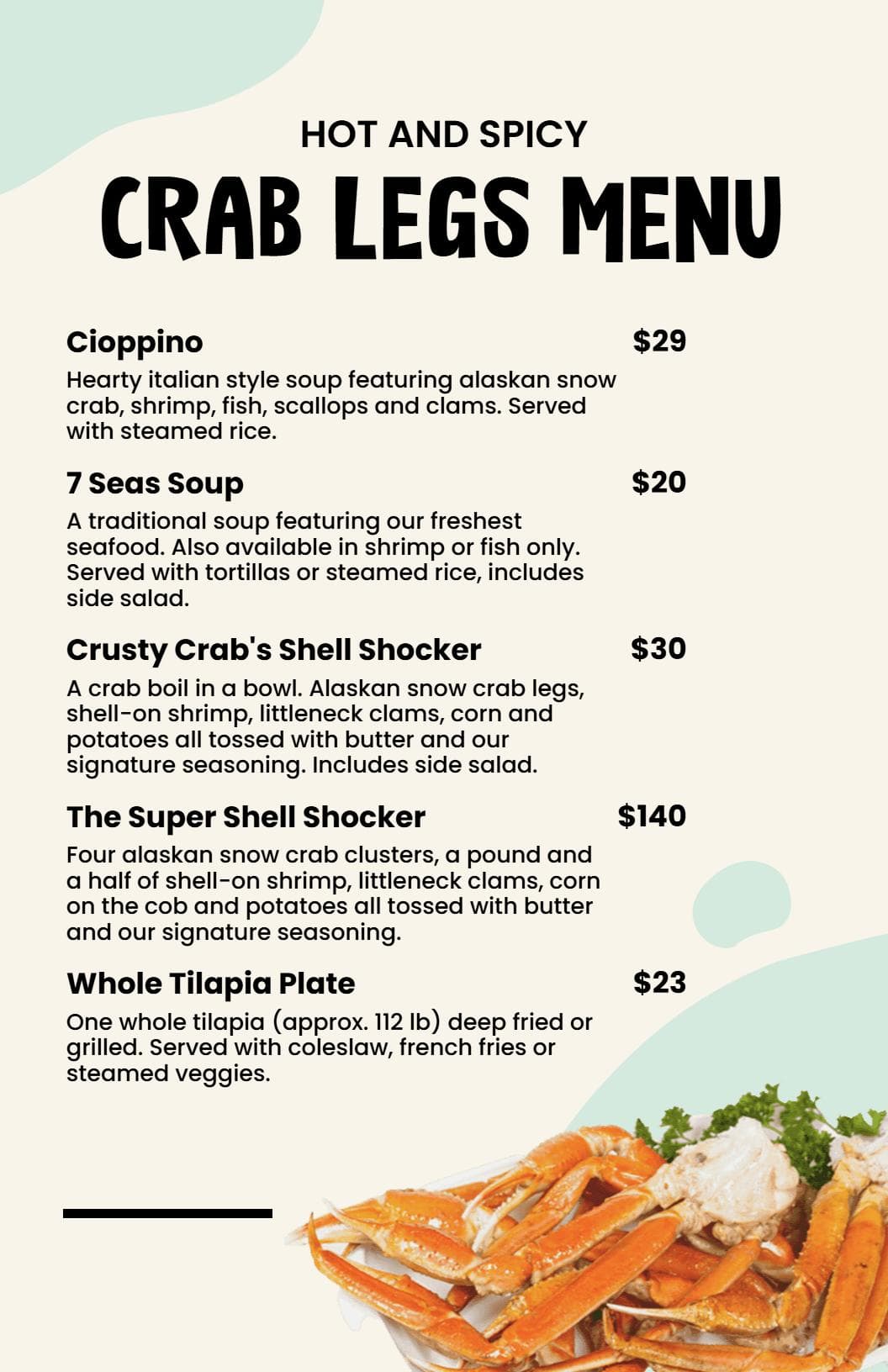 Savory Seafood Dishes Featuring Fresh Catches Seafood Menu Template